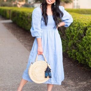 J. Crew Blue Midi Dress – Square Neck & Bishop Sleeves – Size S